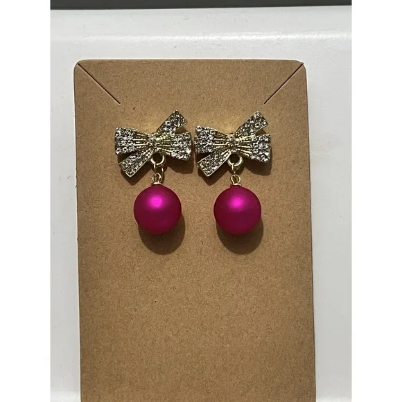 NWOT Dangle Earrings Rhinestone Bows Gold Accent With Hot Pink Ball Stud - Picture 3 of 7